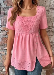 Modlily Pink Button Short Sleeve Square Neck Blouse - S