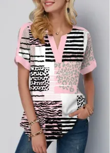 Modlily Pink Contrast Binding Geometric Print Short Sleeve Blouse - L