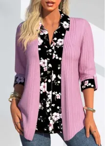 Modlily Pink Fake 2in1 Random Floral Print Long Sleeve Blouse - L