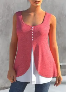 Modlily Pink Faux Two Piece Decorative Button Tank Top - S