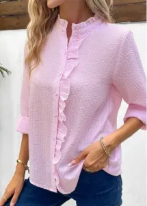 Modlily Pink Frill Long Sleeve Stand Collar Blouse - L