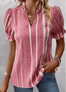 Modlily Women Pink Shirt With White Striped Print Fake 2In1 Plaid Pink Short Sleeve T Shirt - L