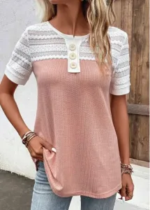 Modlily Pink Lace Short Sleeve Round Neck Blouse - S