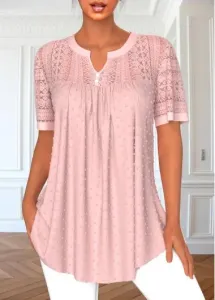 Modlily Pink Lace Short Sleeve Split Neck Blouse - M