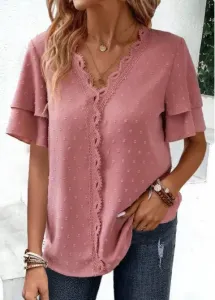 Modlily Pink Lace Short Sleeve V Neck Blouse - L