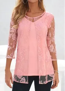Modlily Pink Lace Three Quarter Length Sleeve Blouse - M