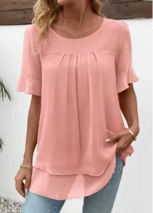 Modlily Pink Layered Short Sleeve Round Neck Blouse - L