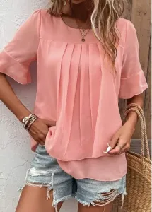 Modlily Women Pink Plain Blouse Layered Short Sleeve Round Neck Blouse - XL