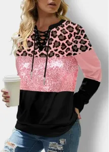 Modlily Pink Leopard Sequin Panel Lace Up Casual Sweatshirt - S