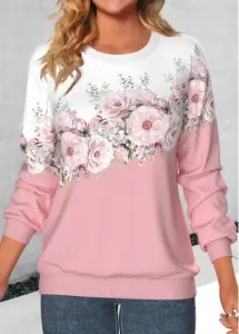 Modlily Valentine's Day Pink Patchwork Floral Print Long Sleeve Sweatshirt - XL