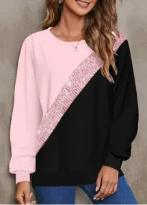 Modlily Pink Patchwork Long Sleeve Round Neck Sweatshirt - M #168550