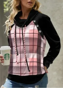 Modlily Pink Patchwork Plaid Long Sleeve Cowl Neck Sweatshirt - L #1133332