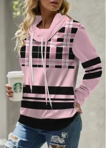 Modlily Pink Patchwork Plaid Long Sleeve Cowl Neck Sweatshirt - XL #1099801