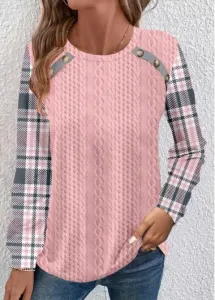 Modlily Pink Patchwork Plaid Long Sleeve Round Neck Sweatshirt - L