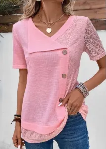 Modlily Pink Patchwork Short Sleeve V Neck Blouse - XL