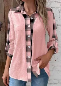 Modlily Pink Patchwork Striped Long Sleeve Shirt Collar Blouse - L