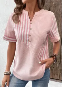 Modlily Pink Patchwork Striped Short Sleeve Split Neck Blouse - S