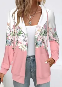 Modlily Pink Pocket Floral Print Long Sleeve Hoodie - XL