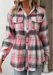 Modlily Pink Pocket Plaid Long Sleeve Shirt Collar Blouse - L