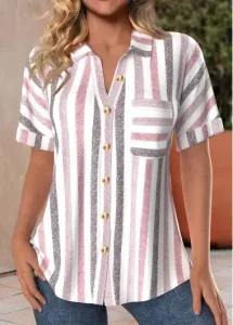 Modlily Pink Pocket Striped Short Sleeve Shirt Collar Blouse - L #1269054