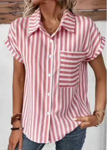 Modlily Pink Pocket Striped Short Sleeve Shirt Collar Blouse - L