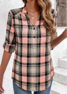 Modlily Pink Ruched Plaid Long Sleeve Split Neck Blouse - M