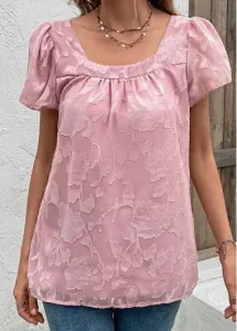 Modlily Pink Ruched Short Sleeve Square Neck Blouse - L