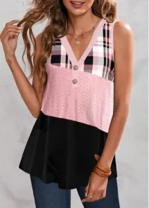 Modlily Pink Twisted Plaid V Neck Tank Top - M
