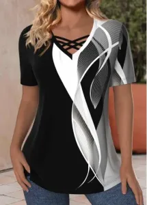 Modlily Plus Size Black Criss Cross Geometric Print T Shirt - 2X