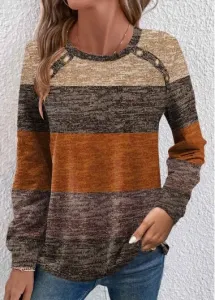 Modlily Plus Size Dark Camel Button Striped T Shirt - 1X