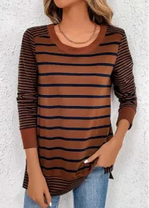Modlily Plus Size Dark Coffee Patchwork Striped T Shirt - 3X