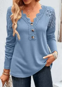 Modlily Plus Size Dusty Blue Lace Long Sleeve T Shirt - 1X