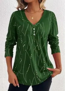 Modlily Plus Size Green Button Geometric Print T Shirt - 1X