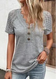 Modlily Grey Lace Plus Size Short Sleeve T Shirt - 2X