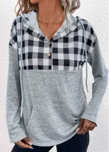 Modlily Plus Size Grey Pocket Plaid Long Sleeve Hoodie - 1X