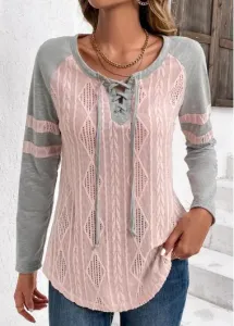 Modlily Plus Size Light Pink Twisted Long Sleeve T Shirt - 2X