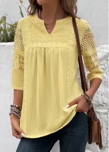 Modlily Plus Size Light Yellow Patchwork 3/4 Sleeve Blouse - 1X