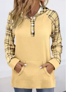 Modlily Plus Size Light Yellow Patchwork Plaid Long Sleeve Hoodie - 1X