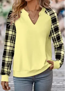 Modlily Plus Size Light Yellow Split Plaid Long Sleeve Sweatshirt - 1X