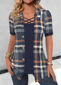 Modlily Plus Size Navy Fake 2in1 Plaid Short Sleeve Blouse - 1X