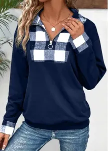 Modlily Plus Size Navy Patchwork Plaid Long Sleeve Sweatshirt - 3X #1239276