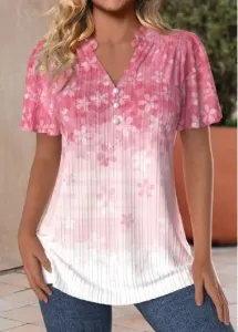 Modlily Plus Size Pink Button Floral Print Short Sleeve Blouse - 3X
