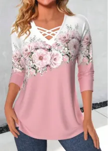 Modlily Valentine's Day Plus Size Pink Criss Cross T Shirt - 2X