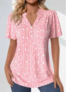 Modlily Plus Size Pink Frill Geometric Print Short Sleeve Blouse - 2X