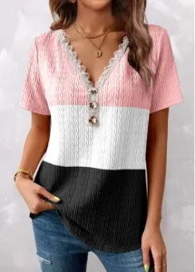 Modlily Plus Size Pink Patchwork Short Sleeve T Shirt - 2X