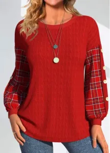 Modlily Plus Size Red Button Plaid Long Sleeve Sweatshirt - 1X