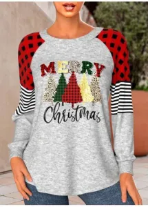 Modlily Plus Size Red Patchwork Christmas Print T Shirt - 1X