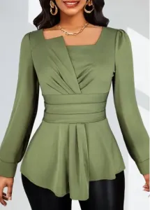 Modlily Plus Size Sage Green Ruched Long Sleeve Blouse - 2X