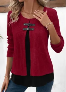 Modlily Plus Size Wine Red Fake 2in1 Long Sleeve Blouse - 3X