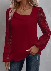 Modlily Plus Size Wine Red Lace Long Sleeve Blouse - 1X